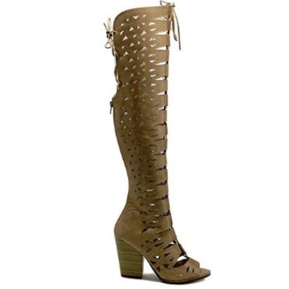 Tan Cutout Lace up Knee-high boots with Peep Toe - Picture 4 of 6